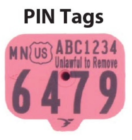 A pink tag with a state abbreviation, the US, shield, numbers and the words unlawful to remove.